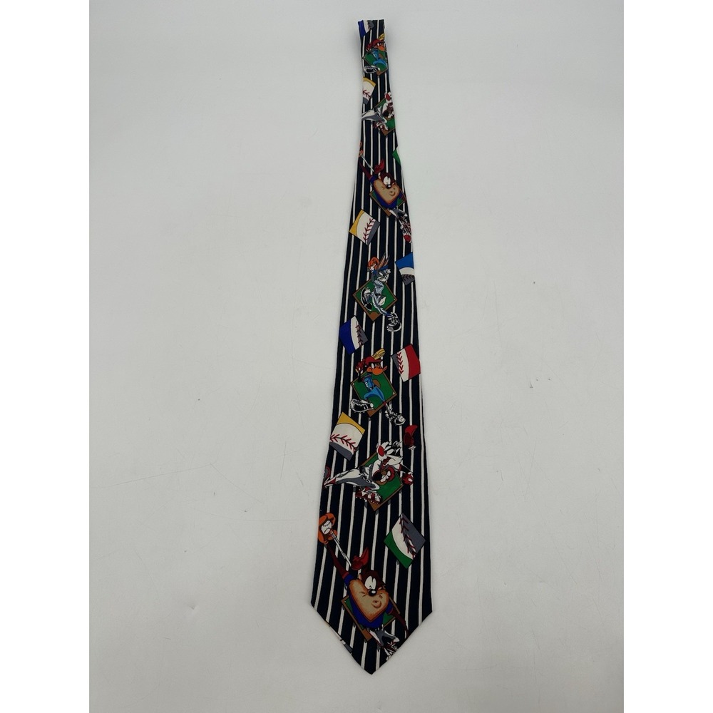 Looney Tunes Mania Necktie Black Navy White Striped w/ Characters & Baseballs
